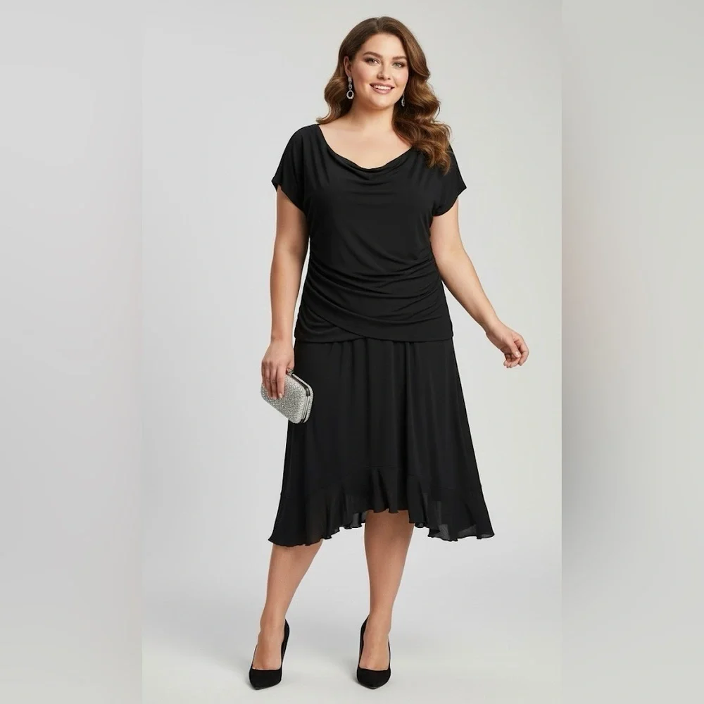 NWT Scarlett Black Drape Scoop Neck Short Sleeve Ruched Cocktail Party Dress 18W